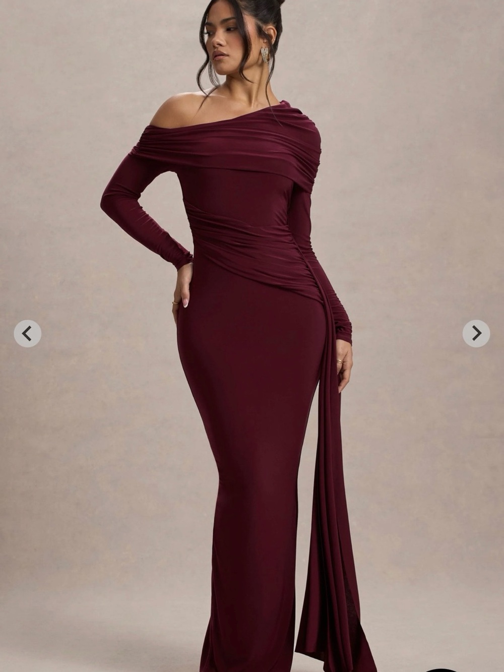 Club L London Wine One-Shoulder Ruched Evening Gown